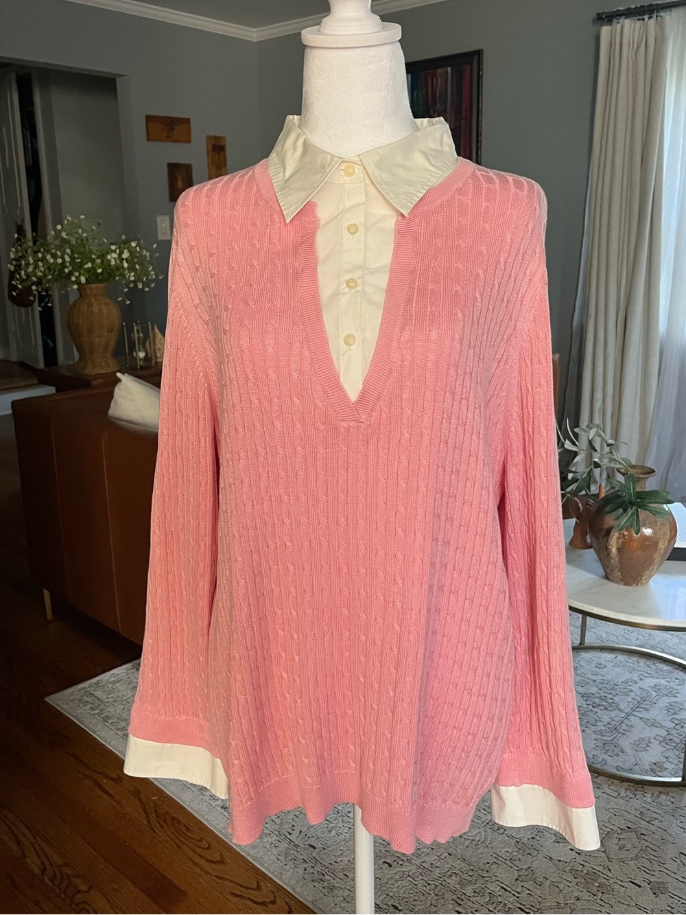 Lauren Ralph Lauren Sweater 2X Pink Silk Cotton Cable Knit Collared V Neck Y2K